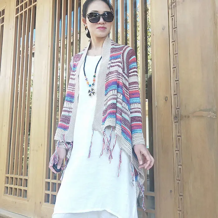 Женский вязаный облегающий свитер с кисточками пончо повседневный полосатый