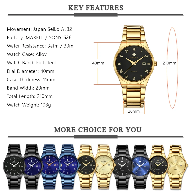 Часы WWOOR Мужские кварцевые аналоговые брендовые Роскошные водонепроницаемые