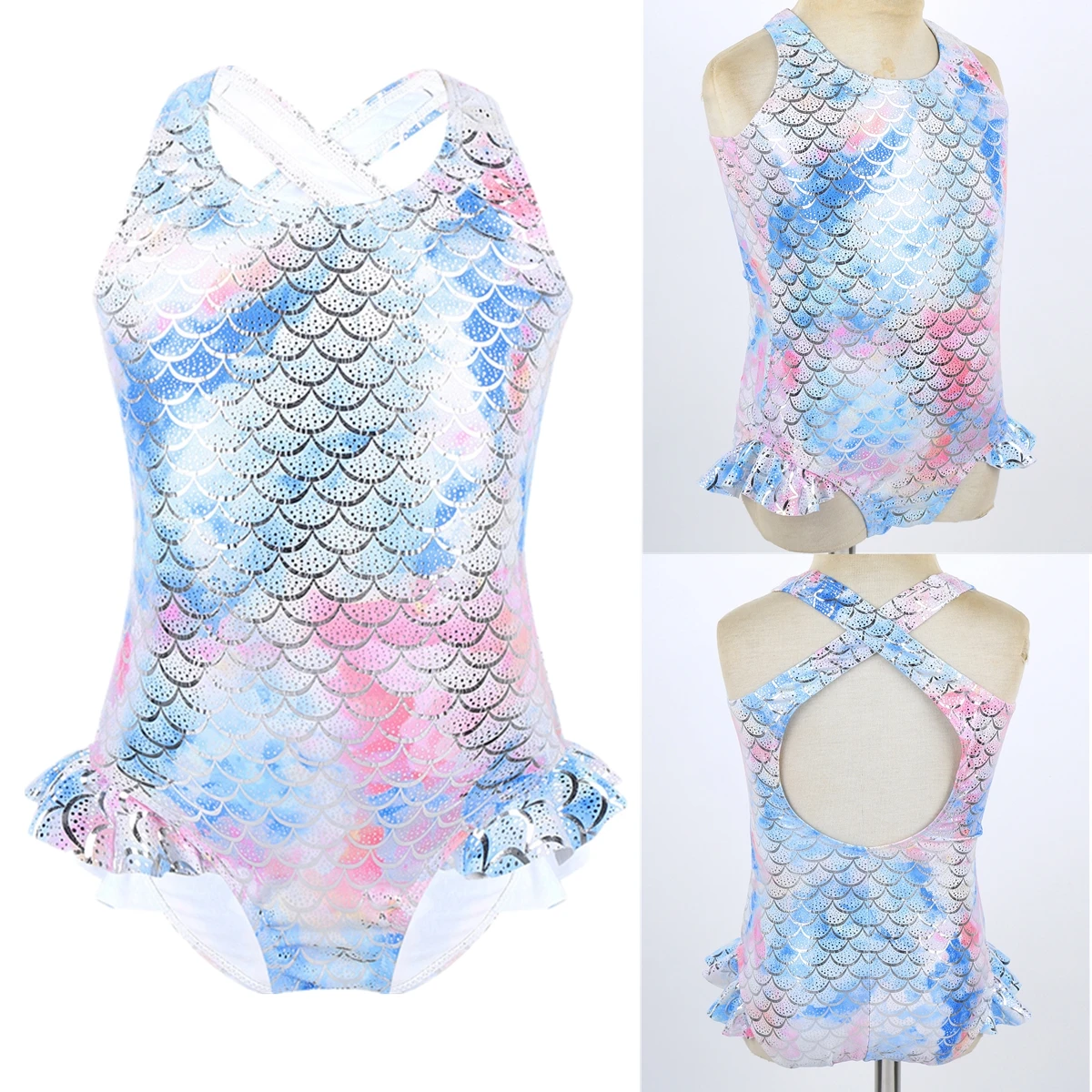 Детское цельнокроеное танцевальное Трико-Русалка для девочек блестящие рыбья