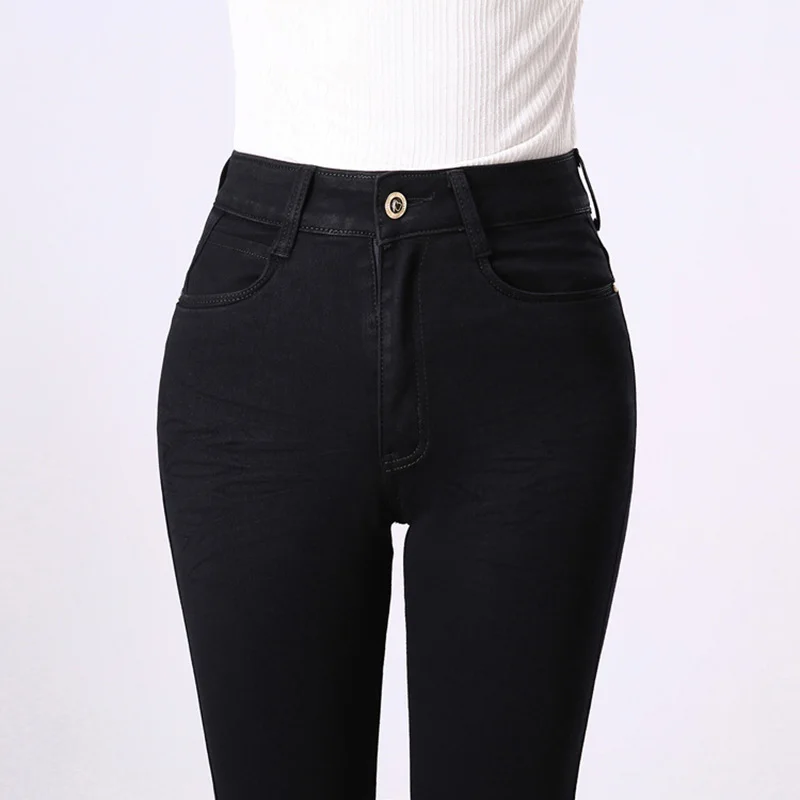 Высокое качество осень зима джинсы женские с высокой талией темно синие скинни