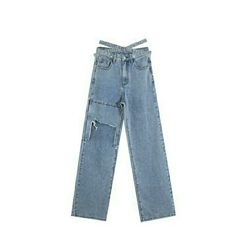 

Jeans women's straight tube loose and thin 2021 early autumn new Korean drape bandage high waist pants