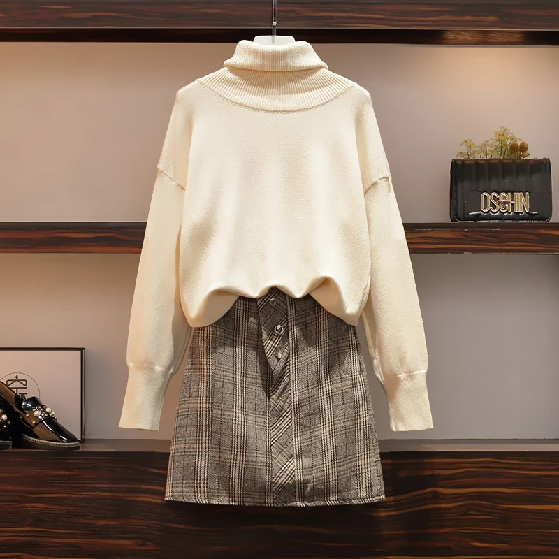 

Big Yards New Winter Fashion Knitting Sweater Grid Skirts Two Pcs Clothing Leisure Loose Top Knitwear Suit Casual Outfit
