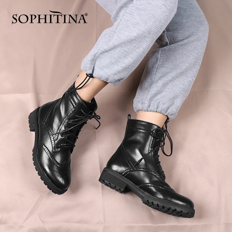 Jual Sepatu Bot Wanita Baru SOPHITINA Sepatu Bot Pergelangan Kaki Wanita Kulit Asli Nyaman Kasual Sepatu Hak Persegi Diikat Silang Sepatu Wanita Antiselip C850