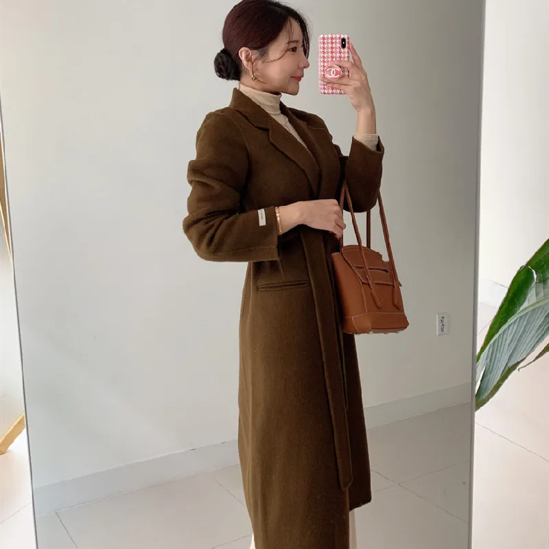 

Alien Kitty Women Woolen Coat Loose Long 2020 Winter Female Solid Cardigan Sashes Straight All Match Noble Gentle Office Lady