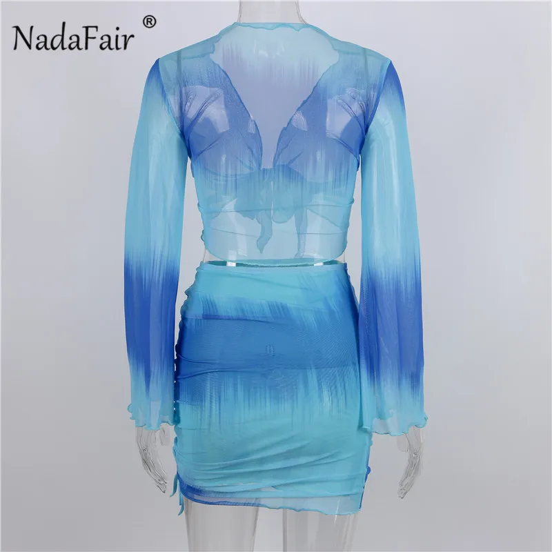

Nadafair Tie Dye Beach Sexy Dress Women Two Piece Set Club Outfits Long Sleeve Crop Tops And Mini Skirts Bodycon Summer Dress