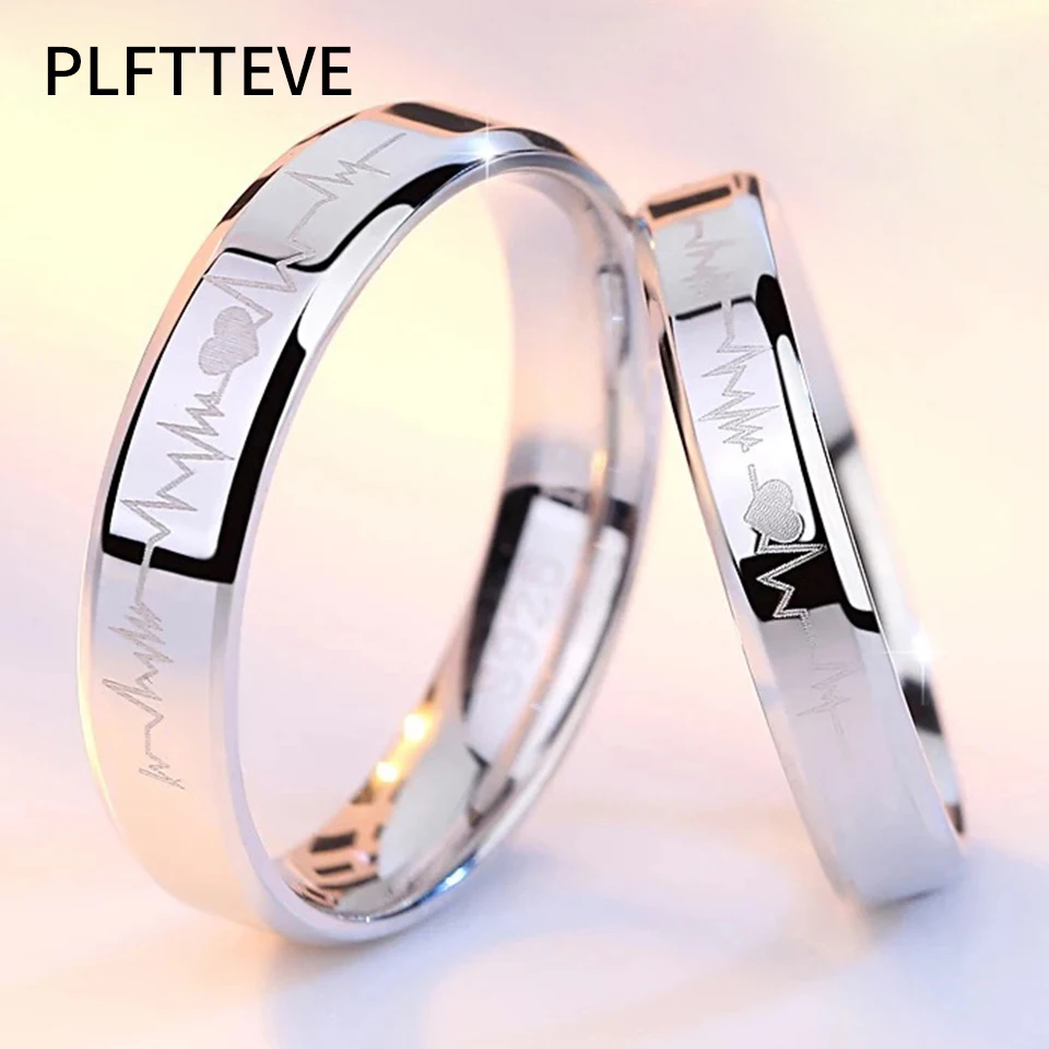 ECG Сердце Пара Кольца для влюбленных женщин мужчин серебряный цвет Открытый