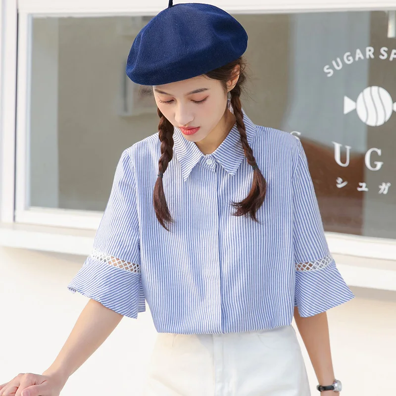 

Polo Khaki 2021 New Half Sleeve Polo Shirt Student Vertical Striped Short-Sleeved Shirt Women's Ruffled Hollow Top Summer