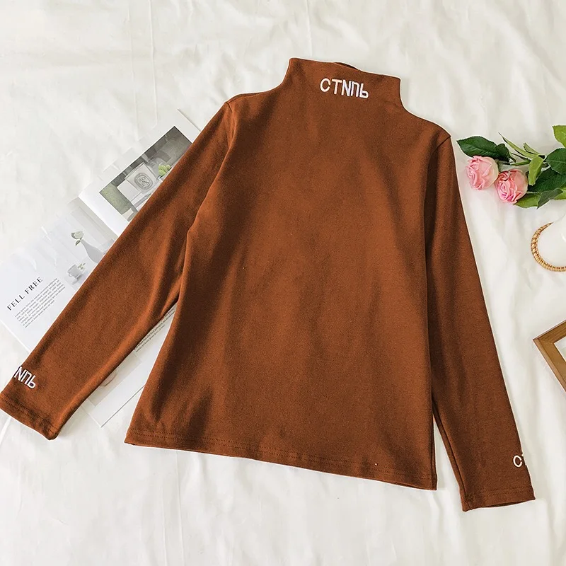 Harajuku рубашка с длинными рукавами и надписью, женские топы, водолазка, Roupas Feminina, однотонная Осенняя Корейская Blusas Mujer de Moda, футболка - Цвет: coffee