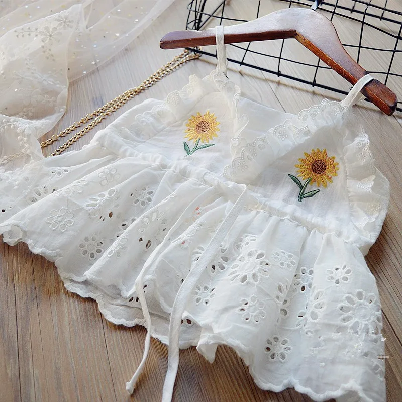 2021 детская одежда для девочек летний комплект (белый кружевной топ и юбка на