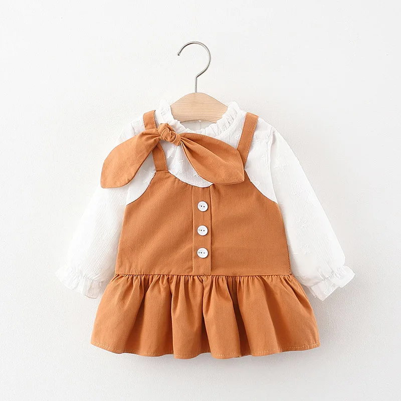 

Menoea Baby Girl Clothes Autumn Toddler Bow Pleated Fake Two-Pieces Sweet Long Sleeve Princess Solid Color Dresses Kids Clothing