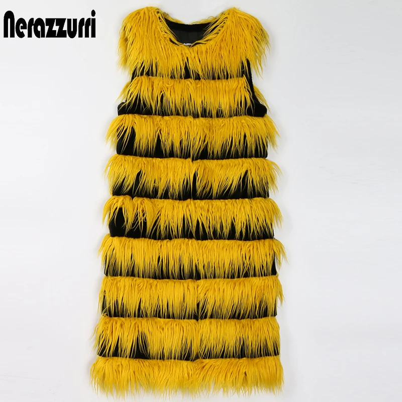 

Nerazzurri black and green striped faux fur vest women Long fluffy warm thick fake fox fur waistcoat Winter sleeveless jacket xl