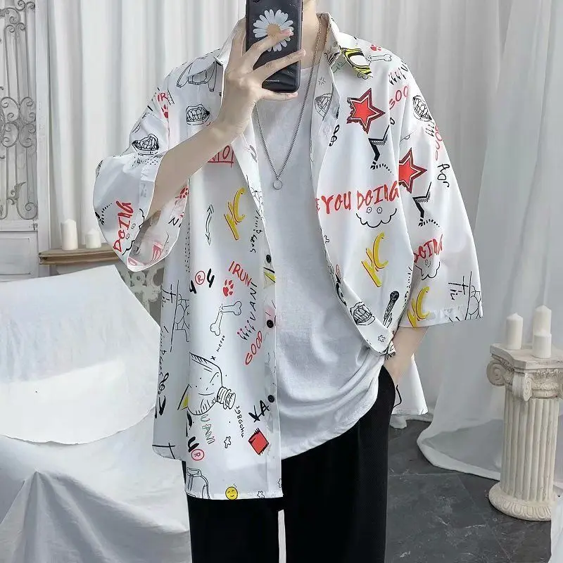 Men Shirts Summer graffiti Print Casual Loose Short-Sleeved Men's Shirt Top  Plus Size Harajuku Style Tops Beach Shirt