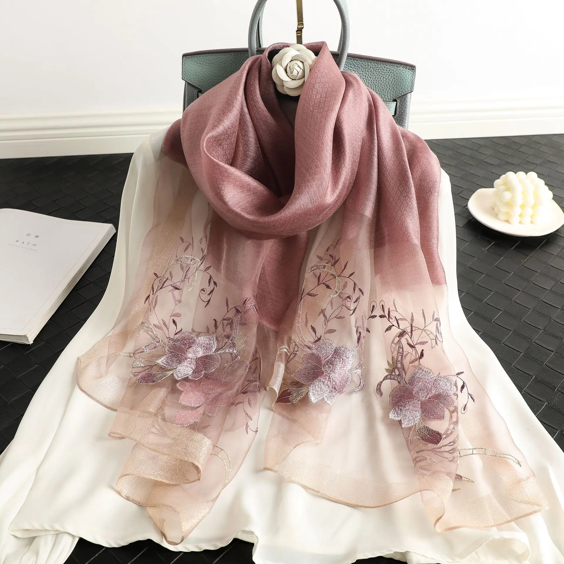 

New autumn and winter embroidery silk scarf women peony silk wool embroidered scarf