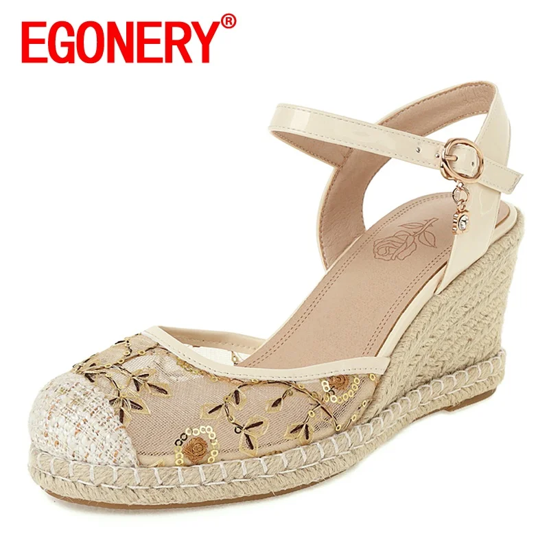 

EGONERY Women summer New Style Fashion Sandals Concise ventilation Comfortable Gauze upper Embroidery Round Toe Mature soft