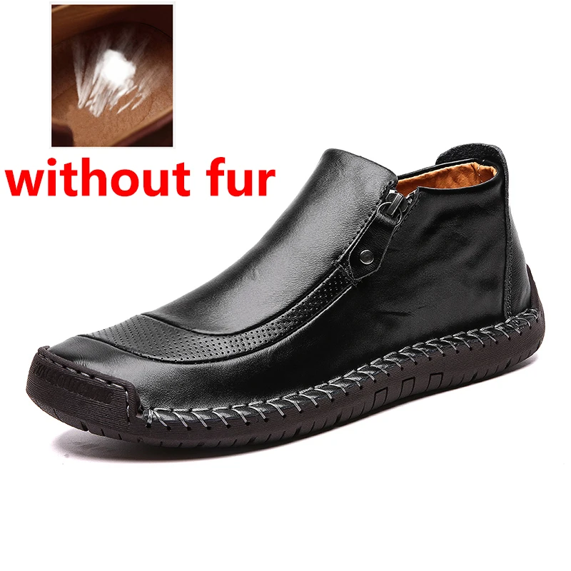 black without fur JINTOHO/Мужская зимняя обувь из натуральной кожи; модные мужские кожаные ботильоны; повседневные мужские ботинки; Мужская зимняя обувь; теплые зимние ботинки - Цвет: black without fur