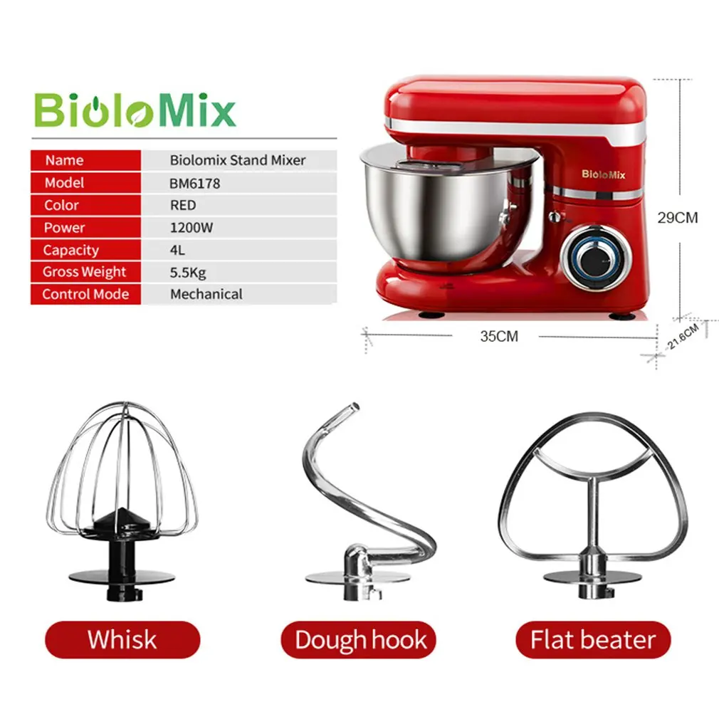 

1200W 4L Stainless Steel Bowl 6-speed Kitchen Food Stand Mixer Whisk Blender Maker Machine Led blue light 6 speeds knob