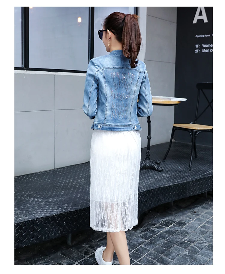 2020 autumn women fashion slim water wash single breasted sequined denim outerwear lady short design jean cotton casual jacket | Женская