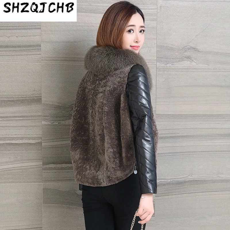 

SHZQ, женское короткое меховое флисовое пальто из овечьей шерсти с воротником из корейского лисьего меха, зимнее меховое пальто