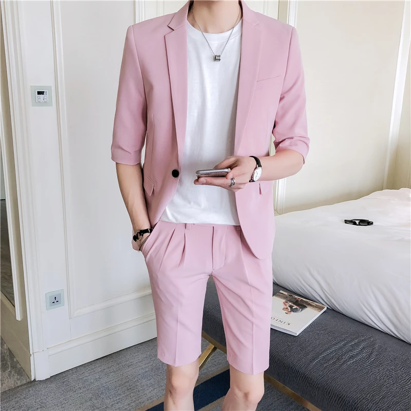 

Men Suit Set Slim Fit Half Sleeve Knee Length Pants Korean Style Men's Clothing Pink White Summer Suit Jacket with Short Pant