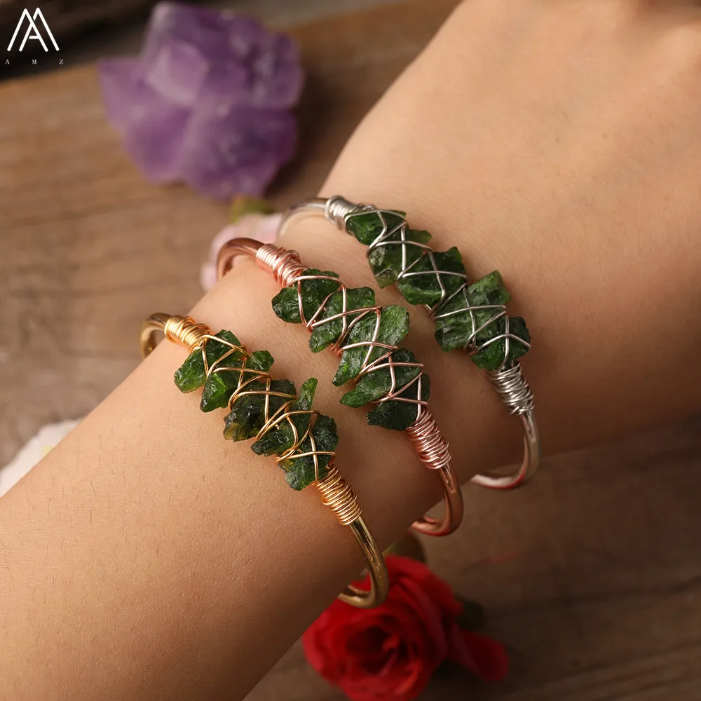 

Wire Wrapped Crystal Chip Beads Beauty Bracelets Natural Green Quartz Point Beads Open Cuff Bangles For Women Bracelets Jewelry