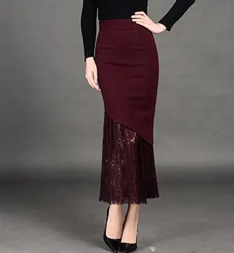 

Elegant Skirt , Woman Slim Spring Ruffles 4XL Trumpet Mermaid Skirts Autumn Women's Wine Red Black Lace Patchwork High Waisted