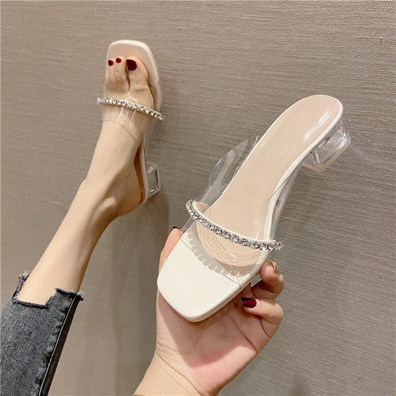 

Korean Version Rhinestone Half Slipper Sandals Women's Thick Heel Sandals Wear Fairy Slippers and French Half Support High Heels