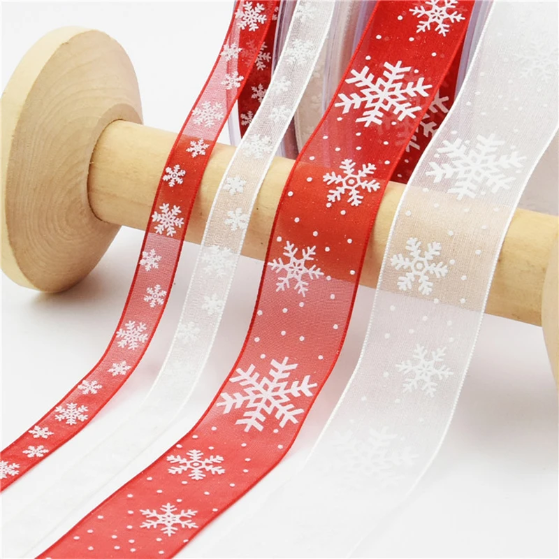 

Transparent Snowflake Ribbon Gift Wrapping Ribbon Handmade Decoration Present Packaging Xmas Small Fresh Printed Yarn Ribbon