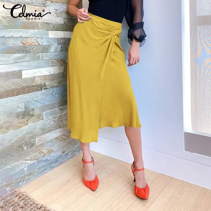 

Celmia 2022 Fashion Elegant Midi Skirts Women Office Lady Party Spring Jupes Solid OL High Waist Irregular Knotted Long Skirts