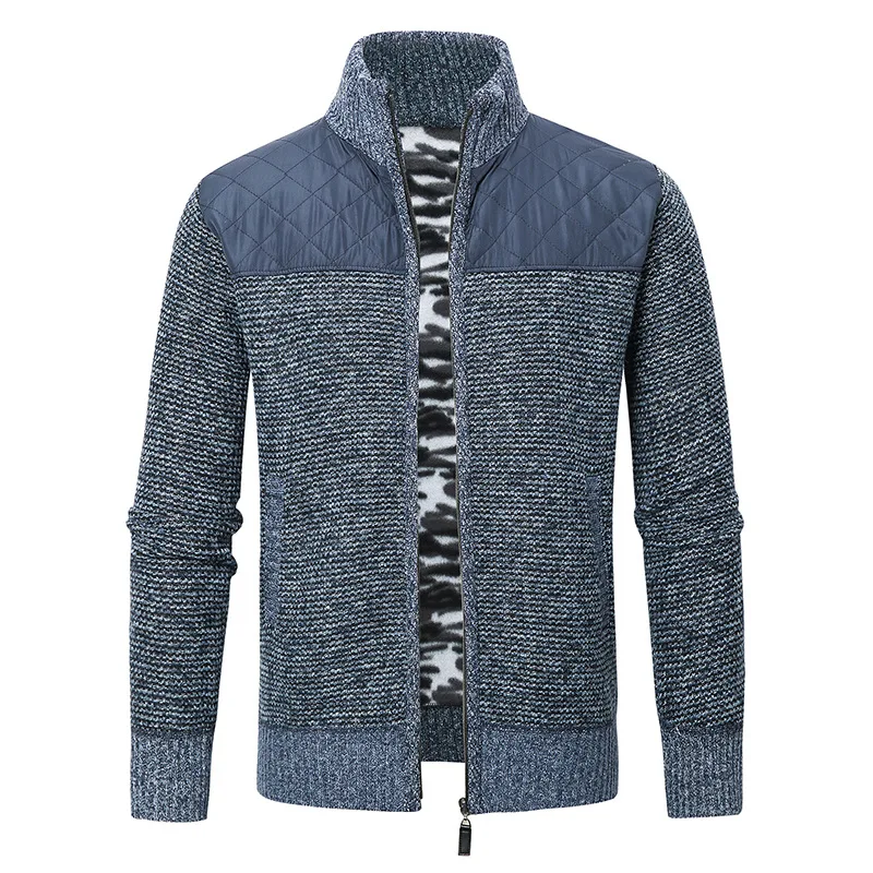 

Winter New Trend Thickened Men 's Knitted Stand Collar Color Color Contrast Patchwork Zipper Cardigan Outerwear Padded Jacket