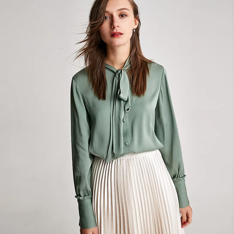 

Heavy Industry Beautiful Mulberry Silk Temperament Commuter Spring and Autumn New Bow Tie Fluttering Silk Shirt Women