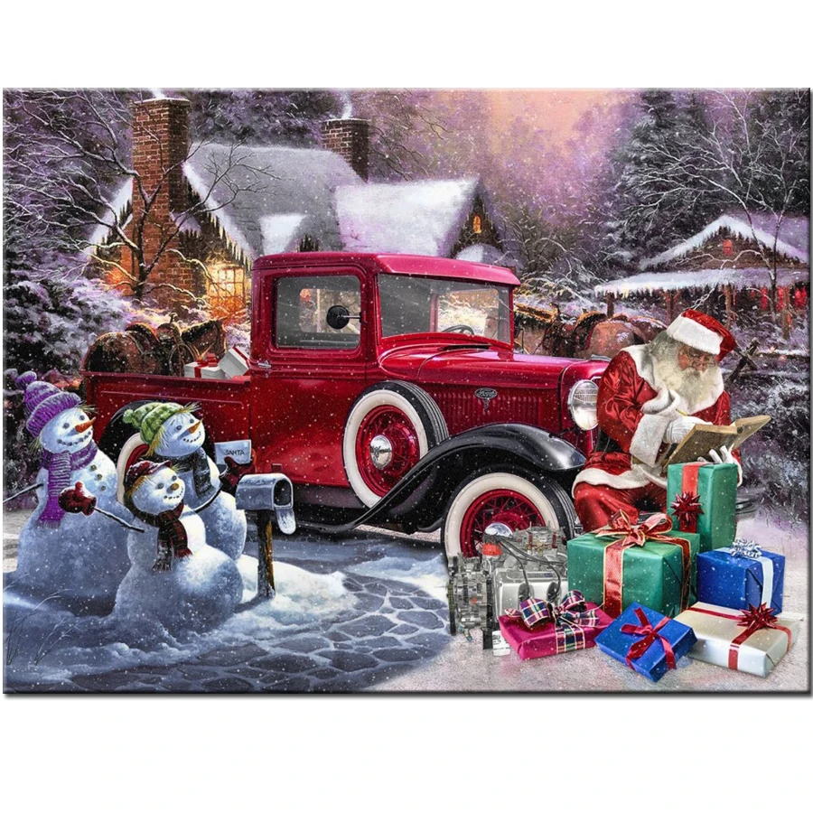 5d Санта подарки и снеговик Алмазная картина красный автомобиль полная круглая