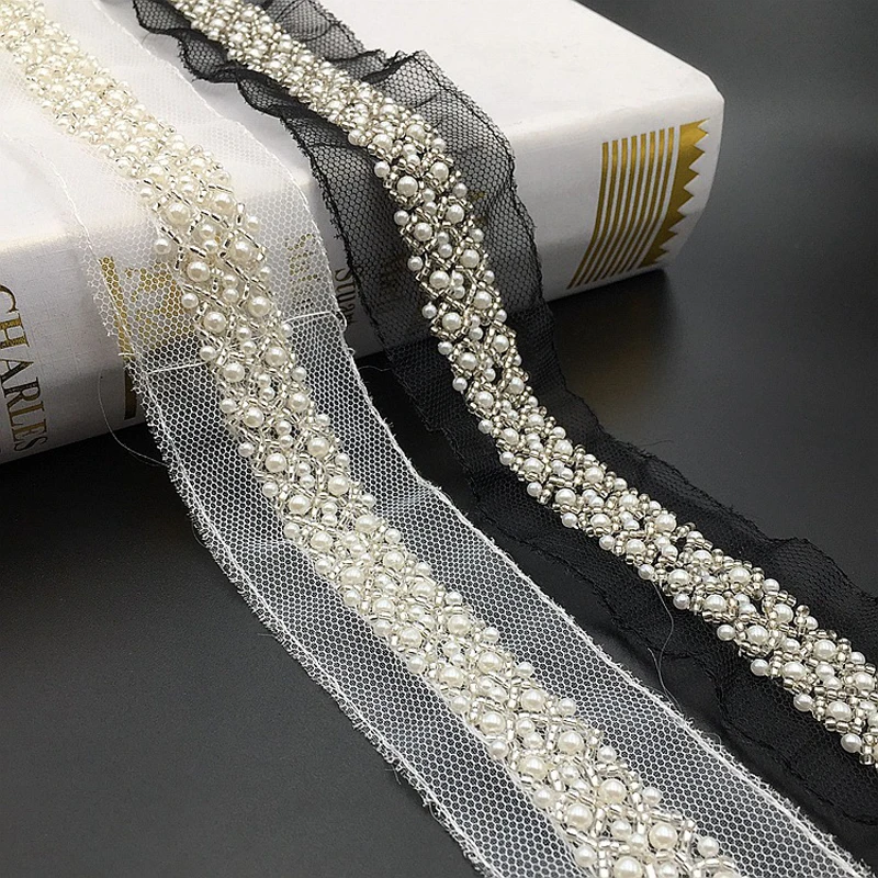 

2 Yards White/black Beaded Lace Trim Tape Lace Ribbon Pearl Lace Fabric DIY Collar Dress Sewing Garment Headdress Materials