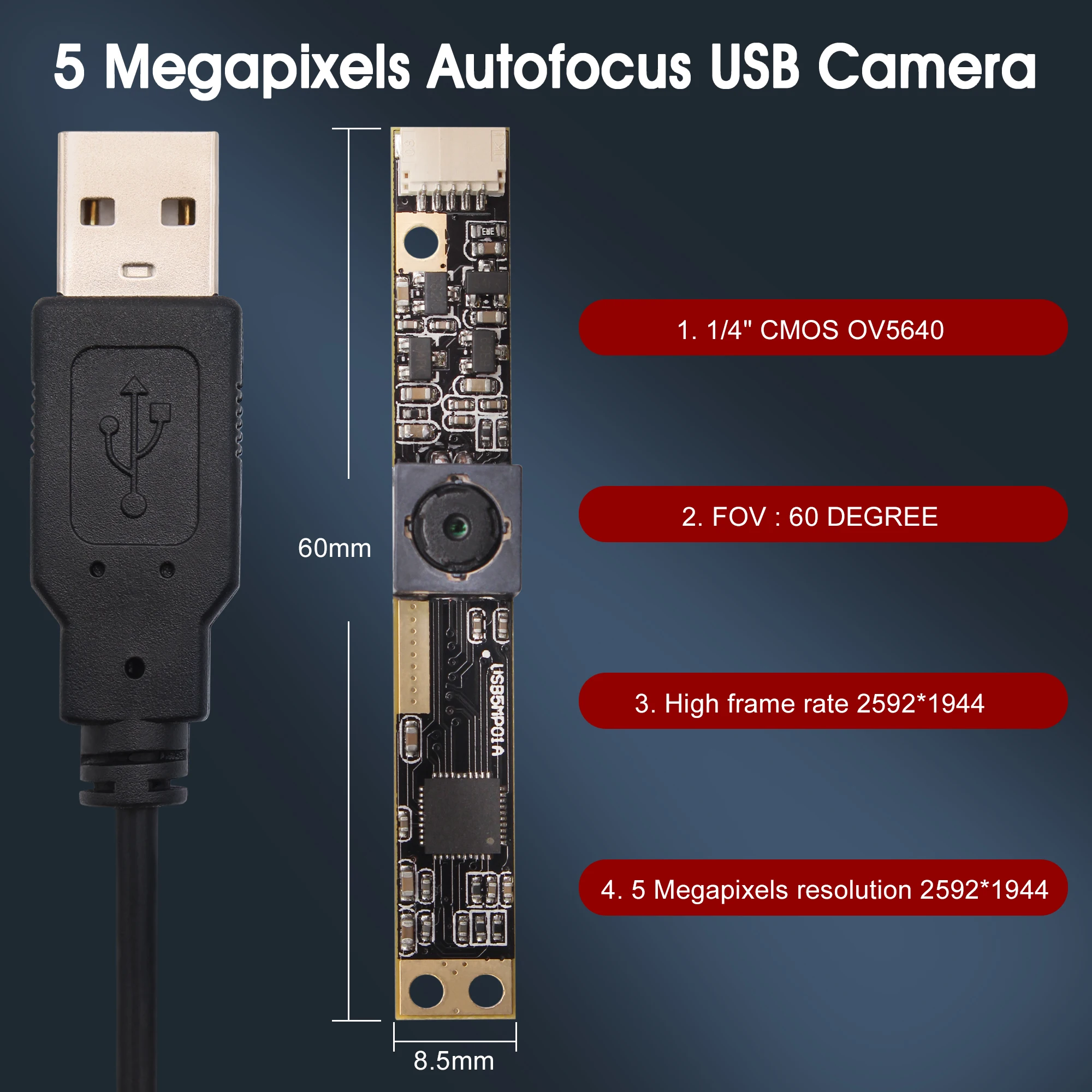 Модуль USB камеры наблюдения HD 500 Вт пиксель Автофокус 60 градусов Ov5640 CMOS Usb камера PCB