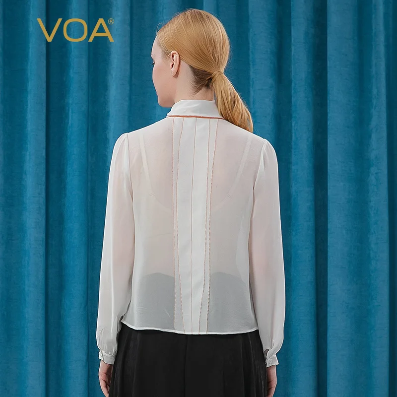 Billig VOA 12 Mt/mt Silk Georgette Bogen Schwimm Blei Reine Weiße Lange Hülse Seide Orange Rand Damen Hemd BE317 Frauen Mode Kleidung