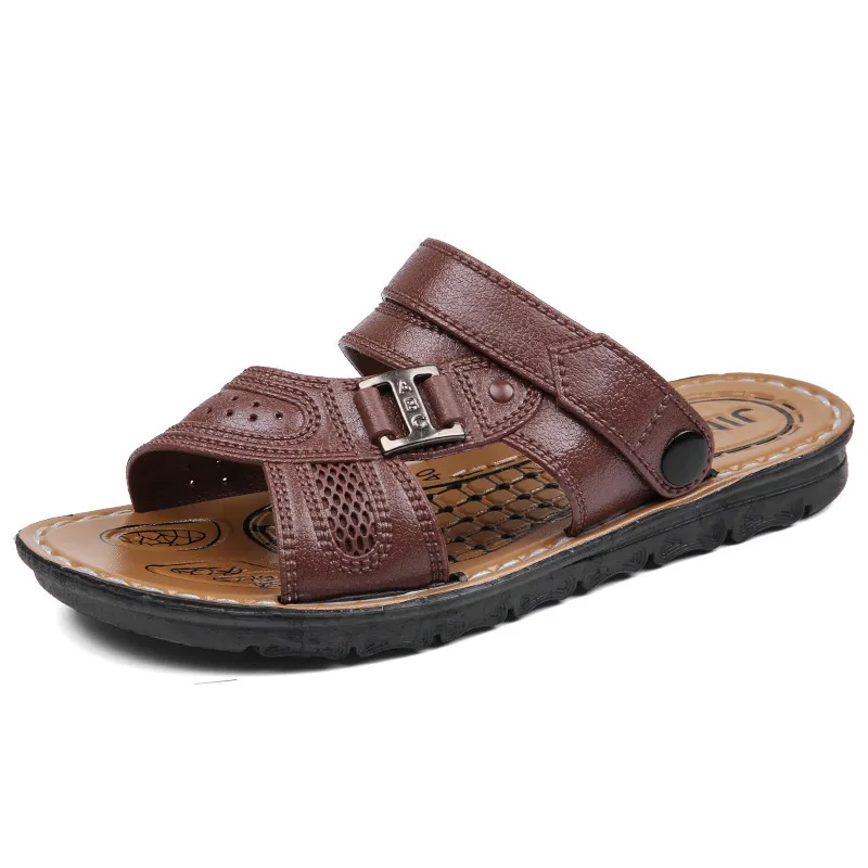 

2021 Summer Flat Slip on Sandals Men Fashion Non-slip Leather Slippers for Male Outdoor Comfortable Chic Sandy Beach Men Sandals