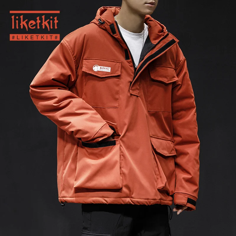 Liketkit мужские куртки с капюшоном зима 2019 одноцветные карманами черные толстые