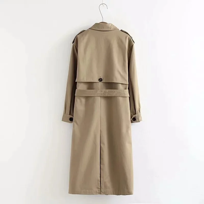 

Women Khaki Long Trench Coat With Sashes Buttons 2021 Autumn Winter Office Ladies Turndown Neck Loose Outwear Double Breasted