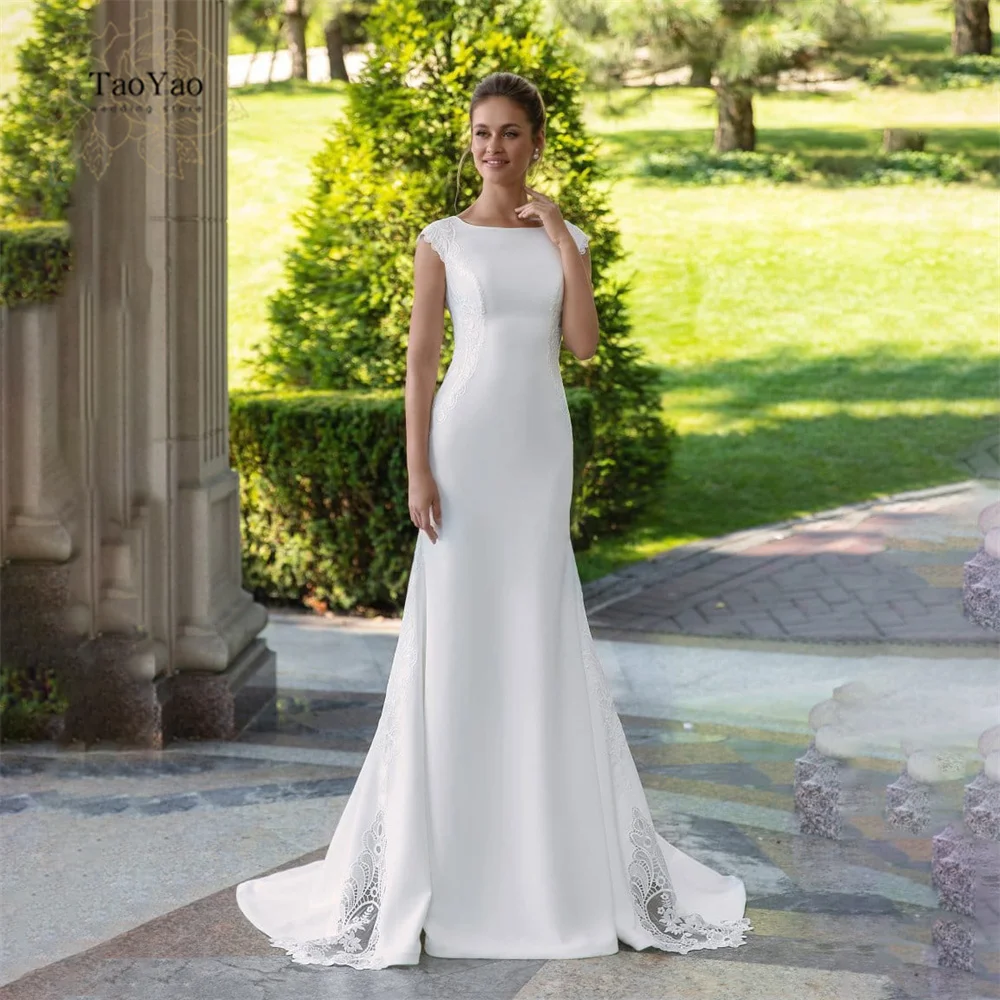 

Simple Short Sleeve Wedding Dress Spoon Neckline A-line Slim Elegant Bridal Gown Vestidos De Novia A-line White Marriage Dress