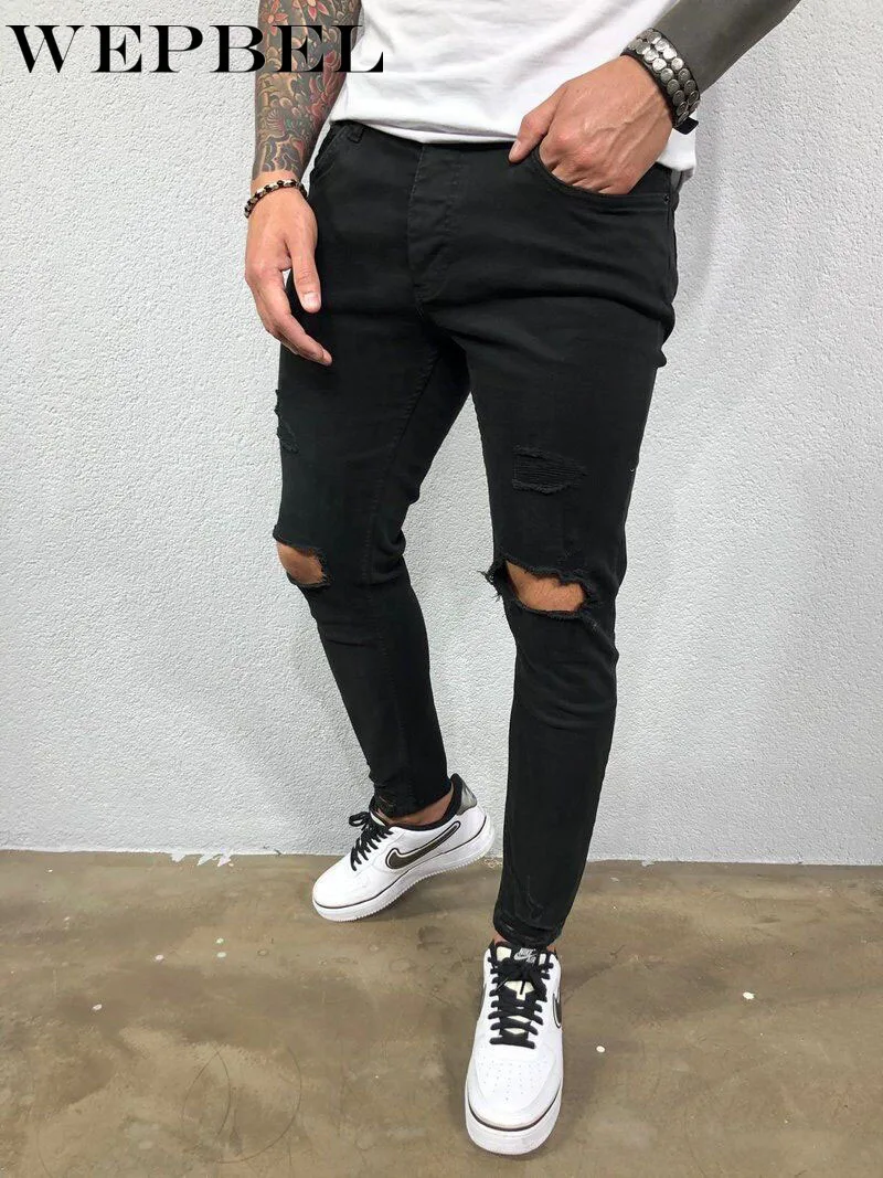 

Mandylandy Men's Fashion Skinny Pant Casual Ripped Hole Jeans Slim Denim Pants Pencil Denim Trousers
