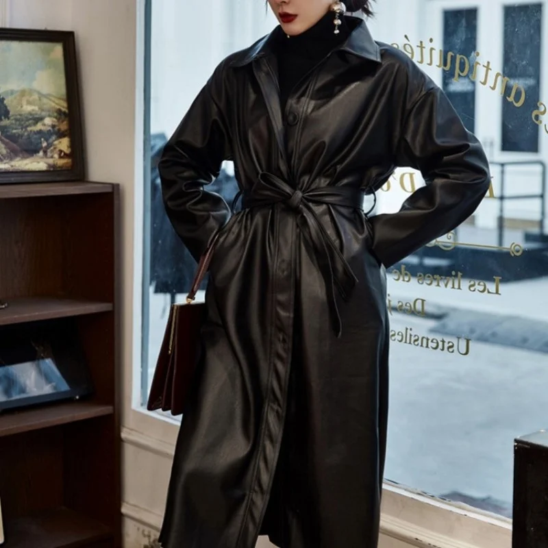 

Тренчкот женский из экокожи, однобортный длинный плащ с поясом и разрезом, Офисная ветровка, пальто, осень 2022