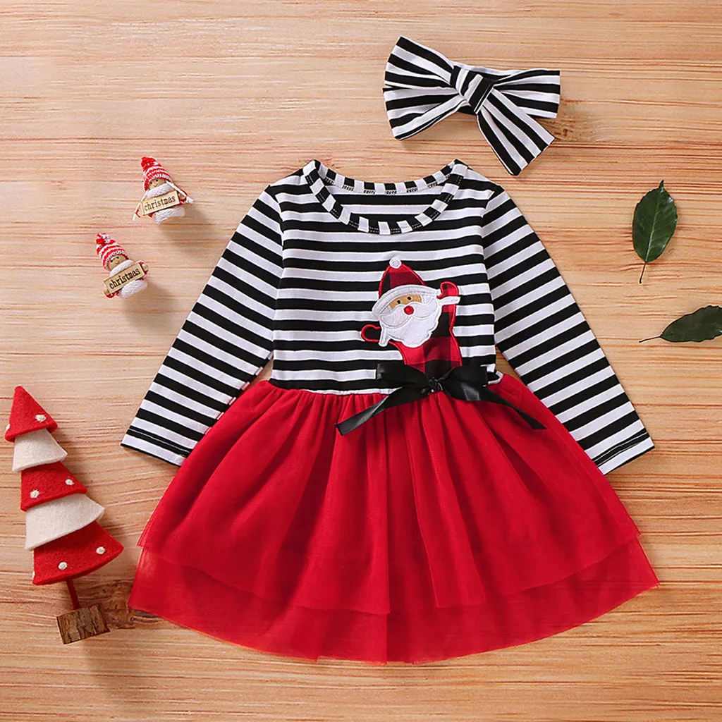 Girl Dresses Toddler Baby Girls Christmas Santa Striped Print Tulle Dress+Headband Outfits Fashion Winter Clothing C840# | Детская