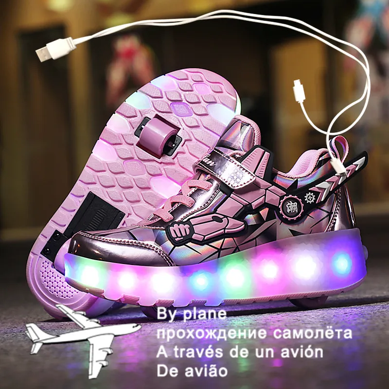 Детские светящиеся кроссовки с двумя колесиками красные серые флуоресцентные