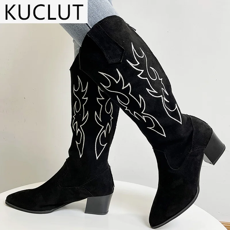 

Women's Boots 2021 Autumn New Sexy Pointed Mid Heel Women Shoes Fashion Suede Retro Back Zipper Platform Women's Mid-calf Boots