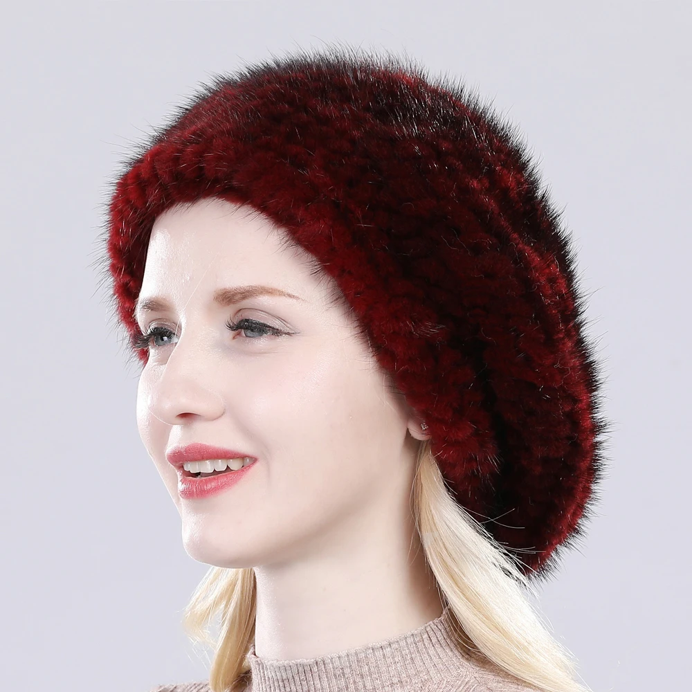 Hot Sale Russia Women Winter Real Mink Fur Berets Hat Hand Knitted Real Natural Mink Fur Cap Lady Luxury Real Mink Fur Hats