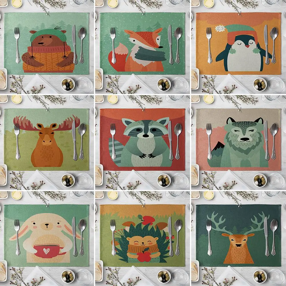 Льняная салфетка с изображением оленя лисы и медведя кухонный обеденный стол коврик для чаши декор Coaster