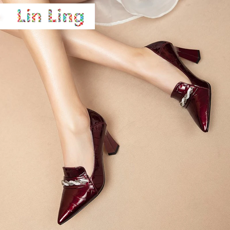 

Rimocy Fashion Metal Chain High Heels Shoes for Women Elegant Pointed Toe Office Shoes Woman Patent Leather Wedding Pumps Female