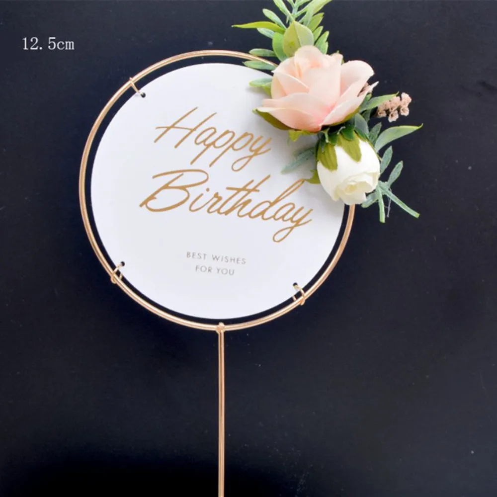 

Акриловый Топпер для торта на день рождения, золотые топперы для свадебного торта с розовыми искусственными цветами, украшения для торта на...