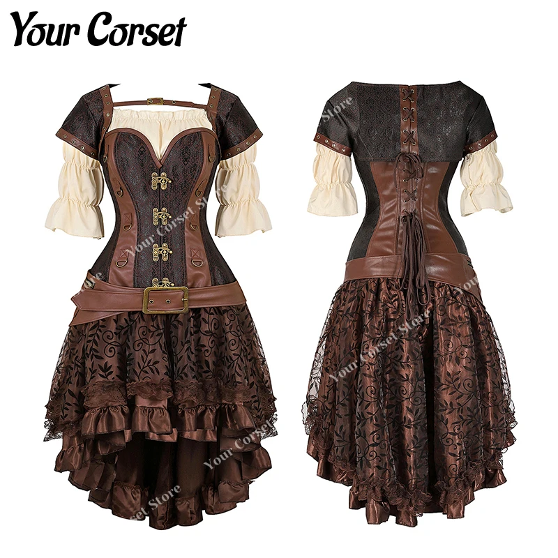 Платье-корсет в стиле стимпанк из трех частей корсет топ блузка платья винтажное
