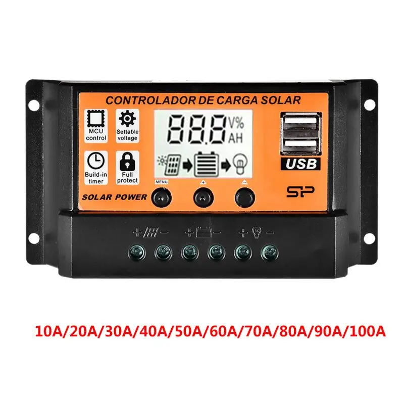 

Controlador de carga Solar con pantalla LCD automática, regulador de Panel Solar de 12V24V, 10A/20A/30A/40A/50A/60A/70A/80A/90A/