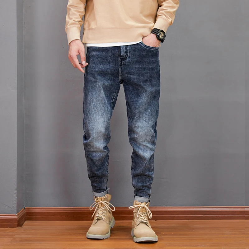 Korean Style Fashion Men Jeans Autumn Newly Designer Elastic Retro Blue Ripped Jeans Men Embroidery Designer Denim Harem Pants